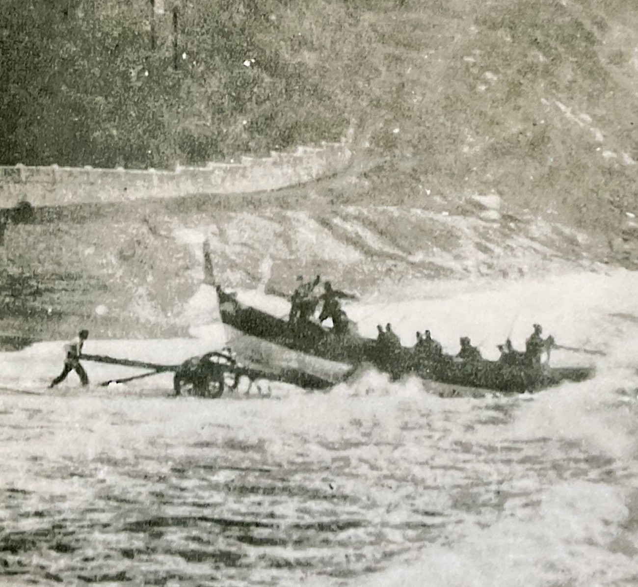 Launching a life boat in a stormy sea
