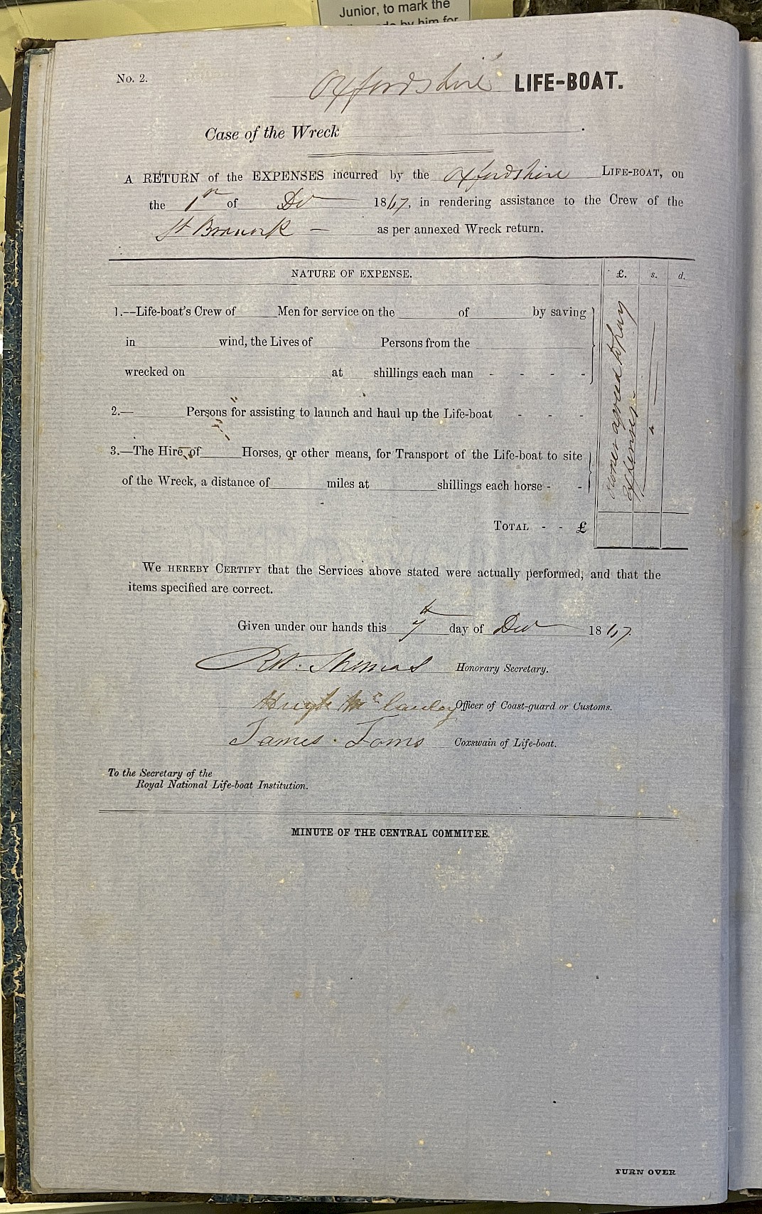 Page showing return of service for the mission