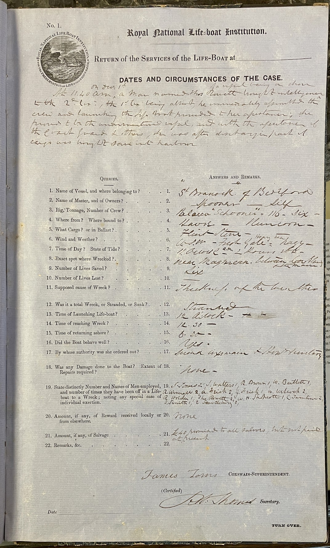 Page showing return of service for the mission