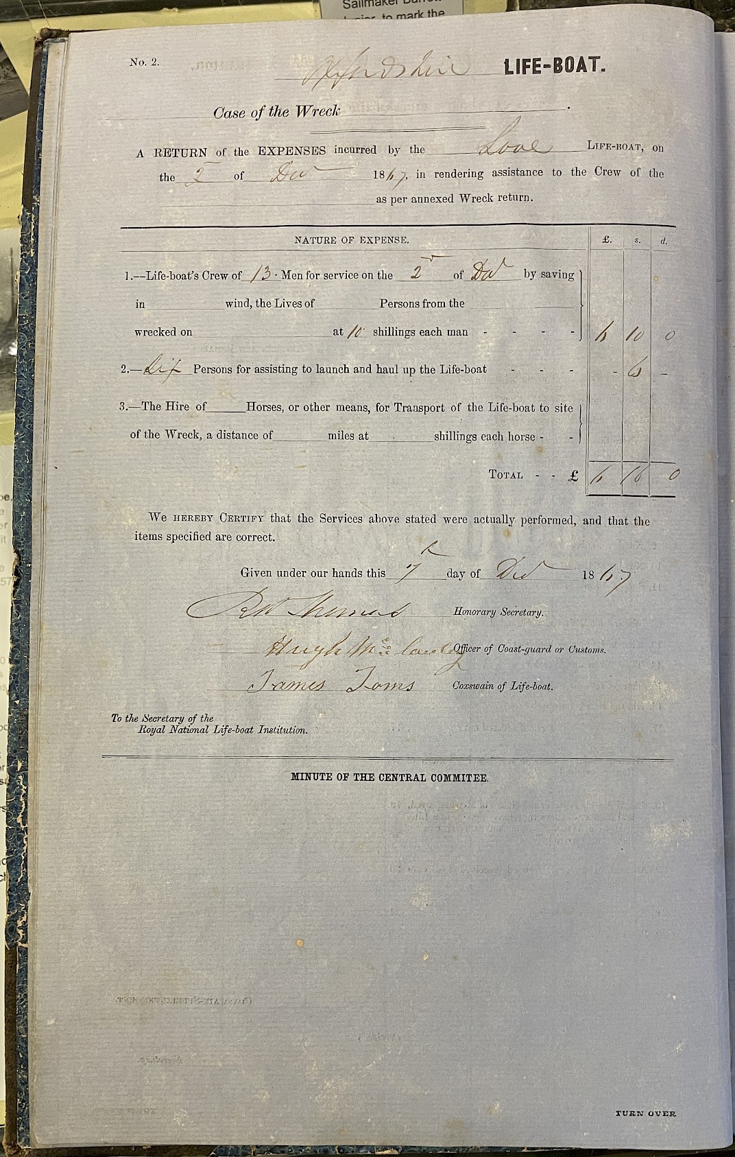 Page showing return of service for the mission