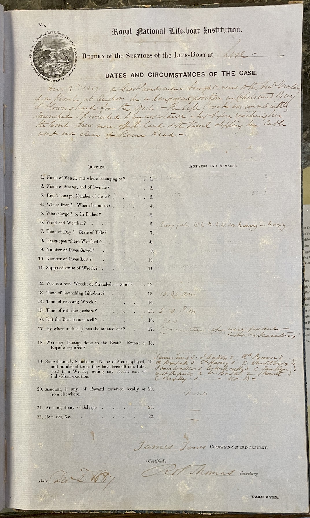 Page showing return of service for the mission