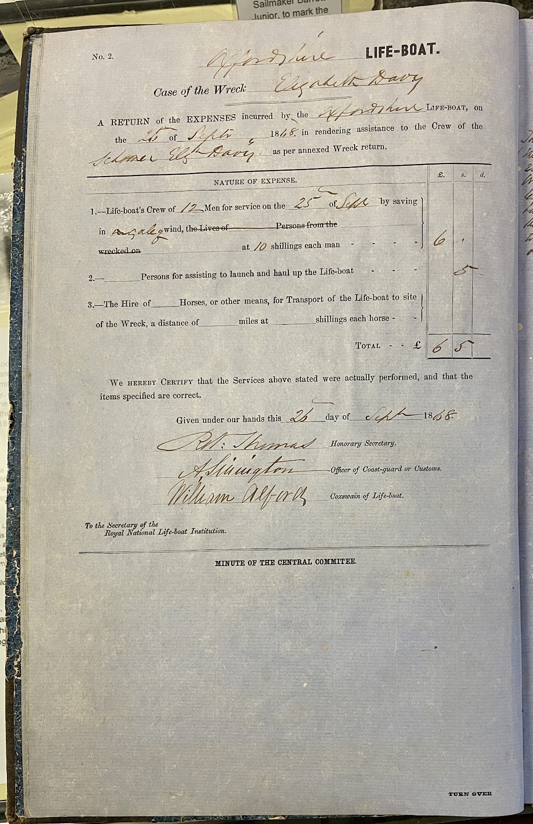 Page showing return of service for the mission