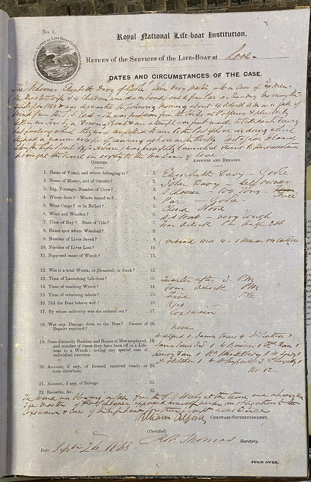 Page showing return of service for the mission