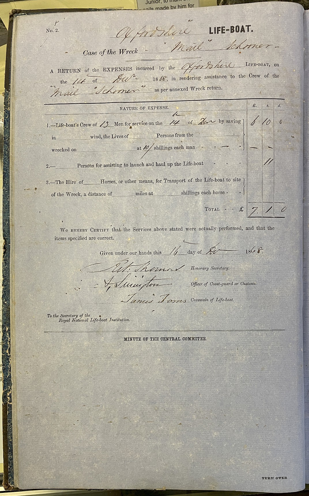 Page showing return of service for the mission