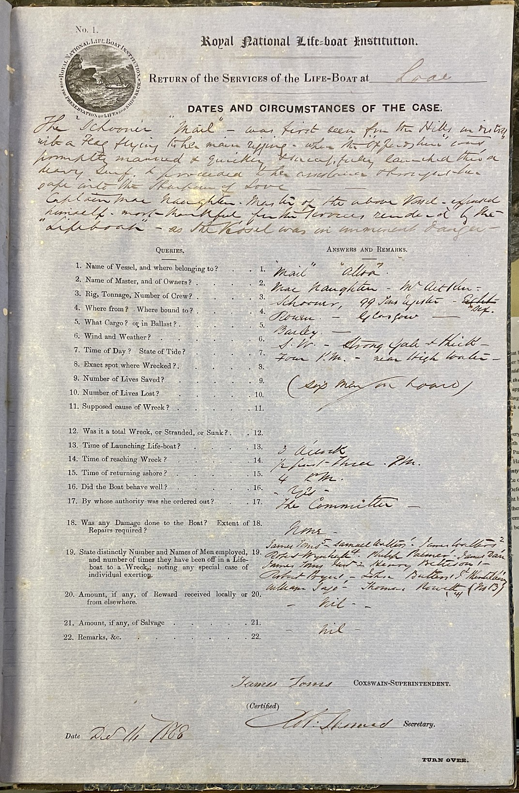 Page showing return of service for the mission