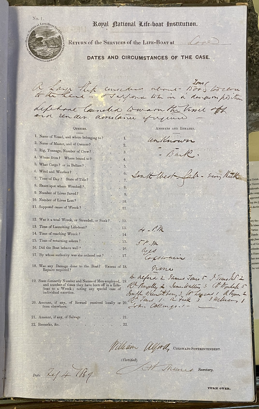 Page showing return of service for the mission