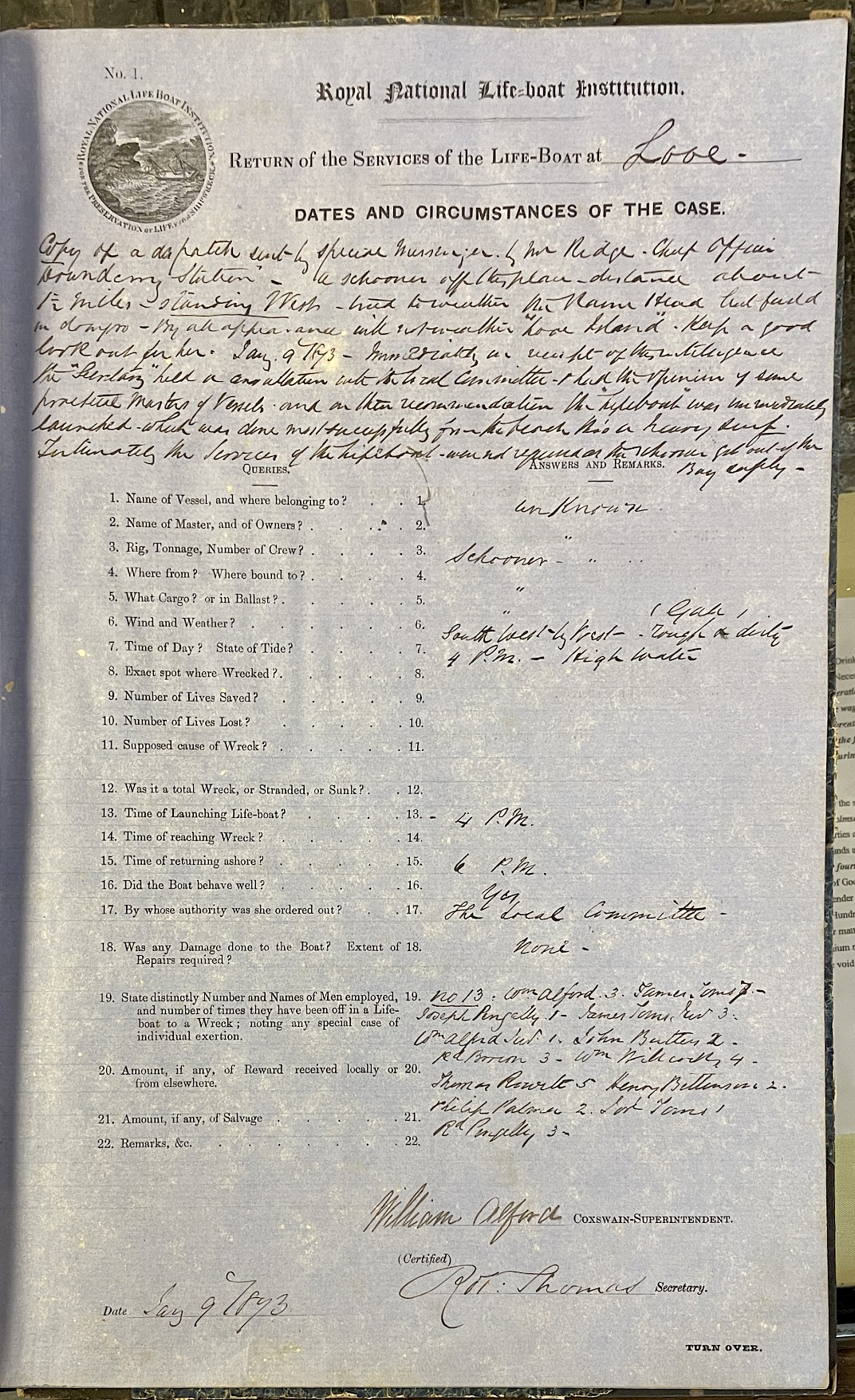 Page showing return of service for the mission