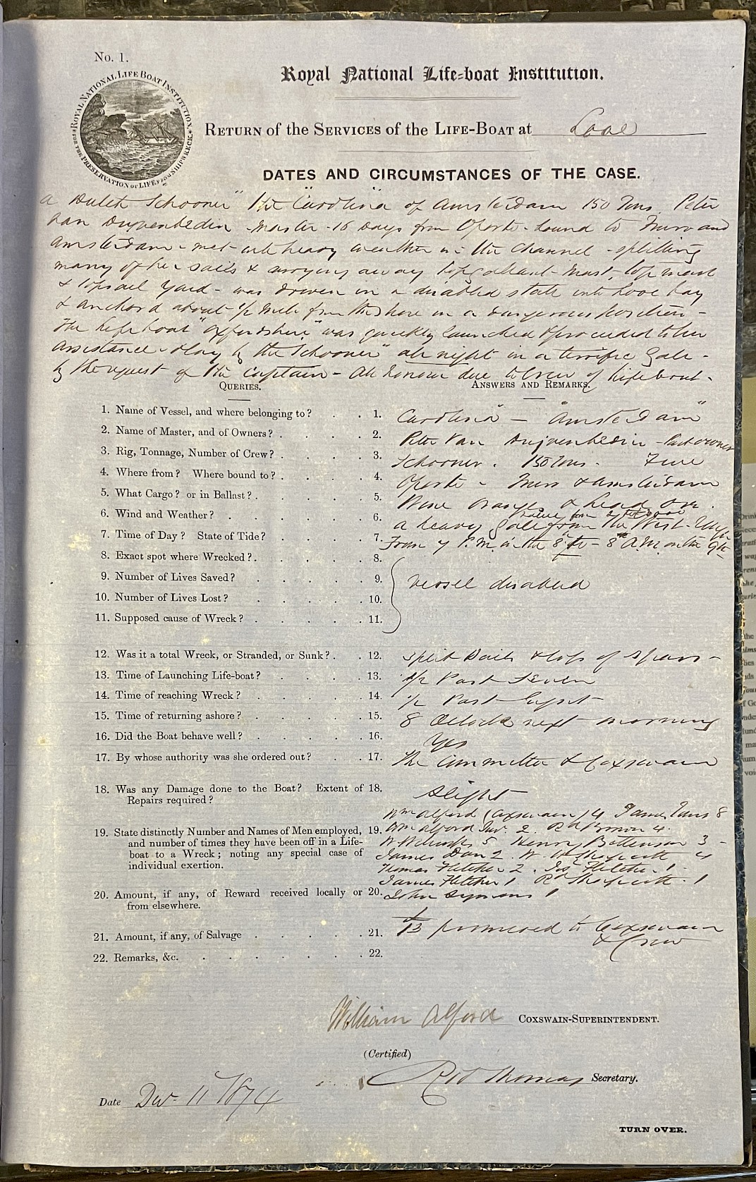 Page showing return of service for the mission