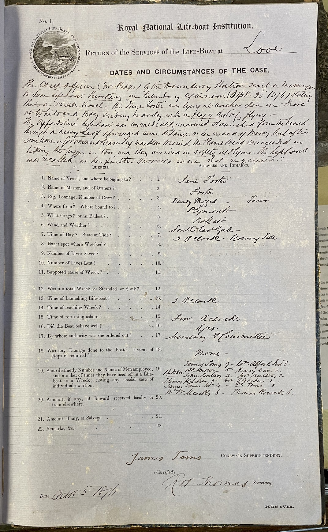 Page showing return of service for the mission