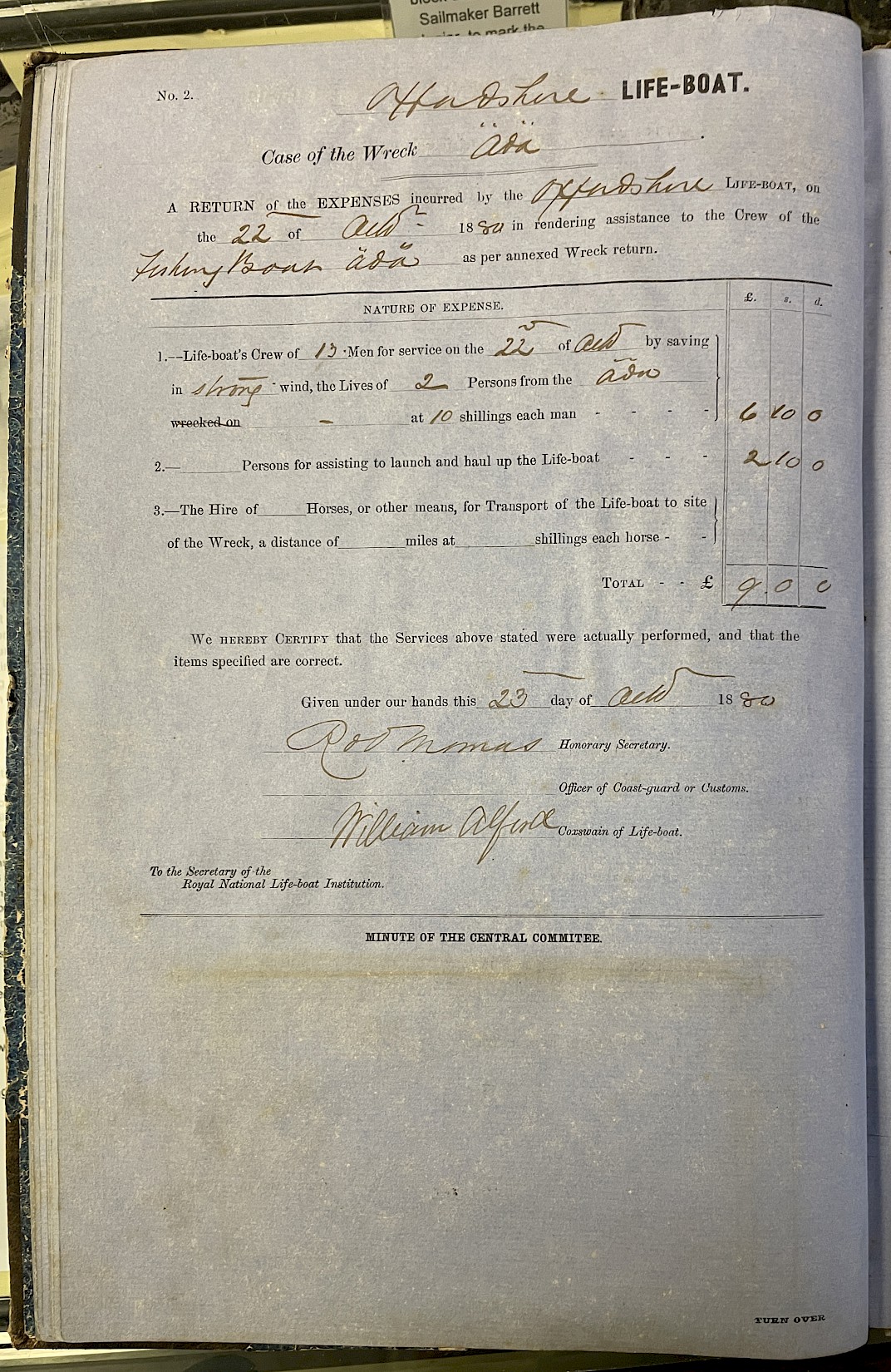 Page showing return of service for the mission