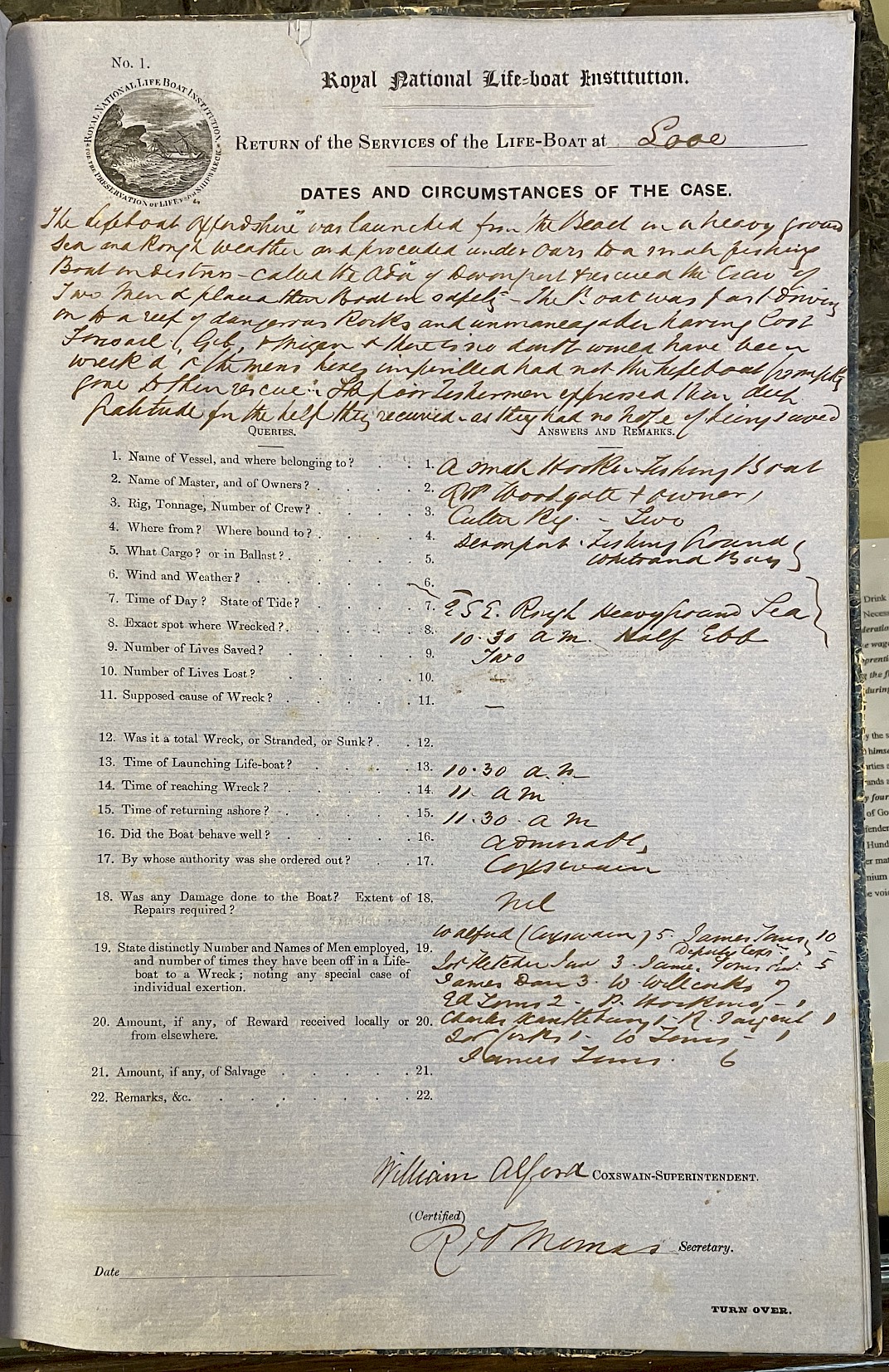 Page showing return of service for the mission