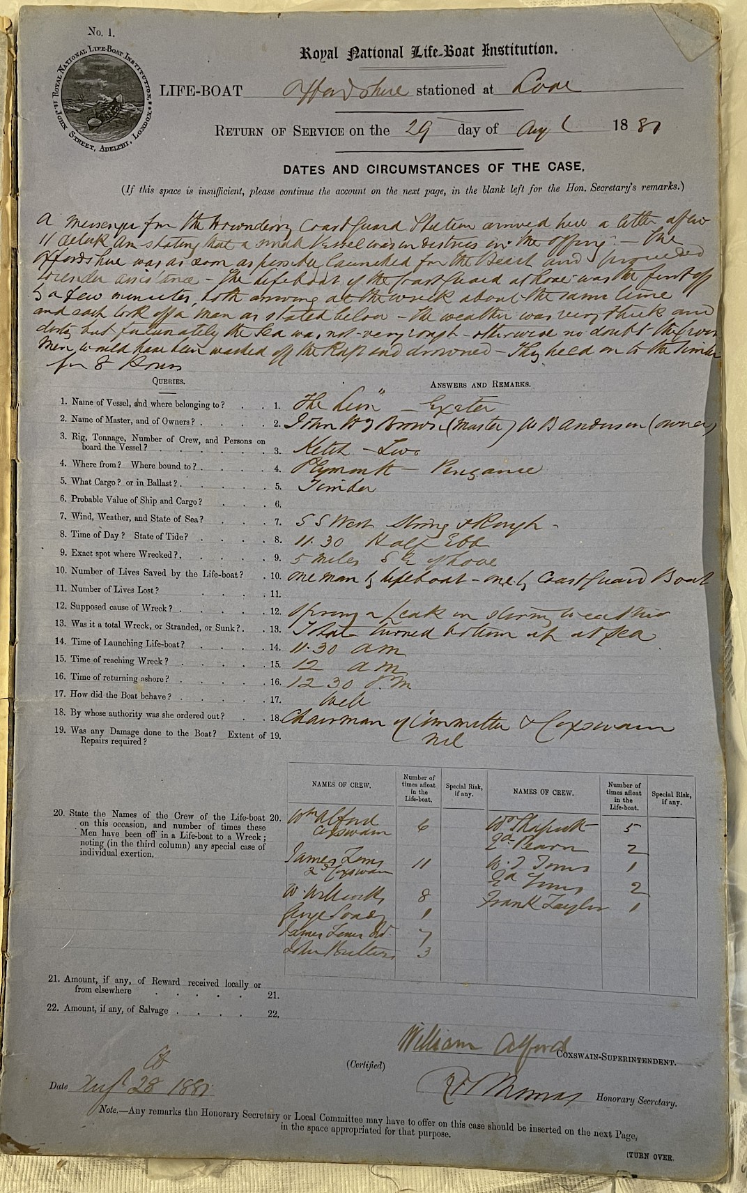 Page showing return of service for the mission