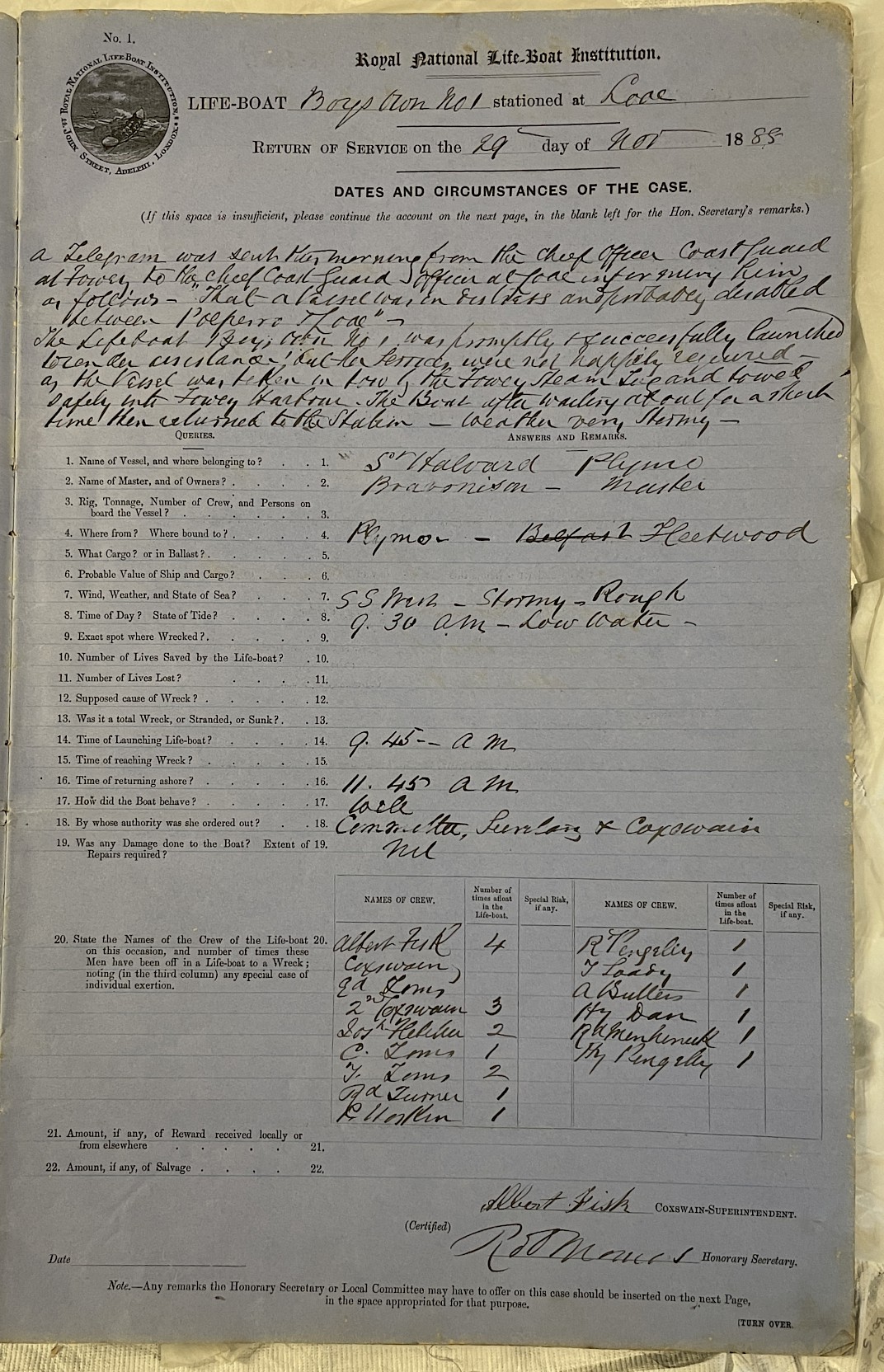 Page showing return of service for the mission