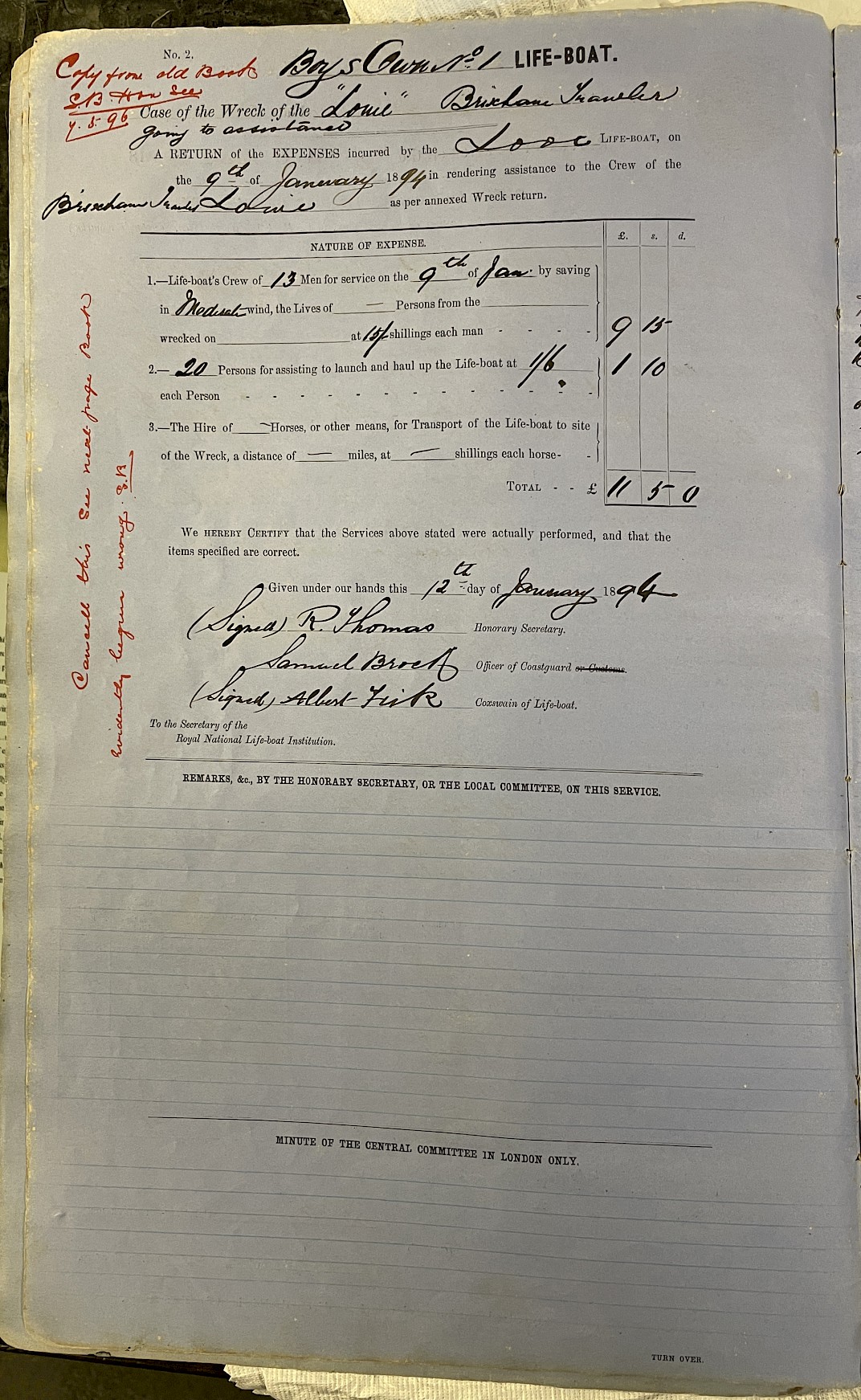 Page showing return of service for the mission