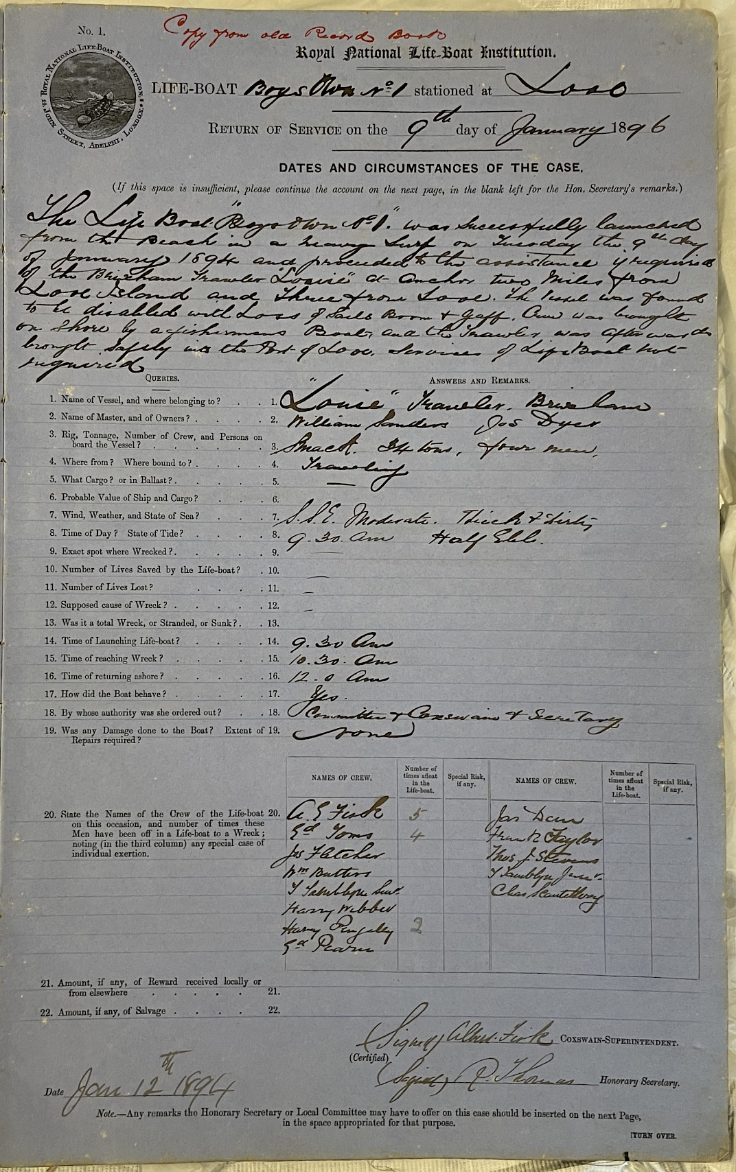 Page showing return of service for the mission