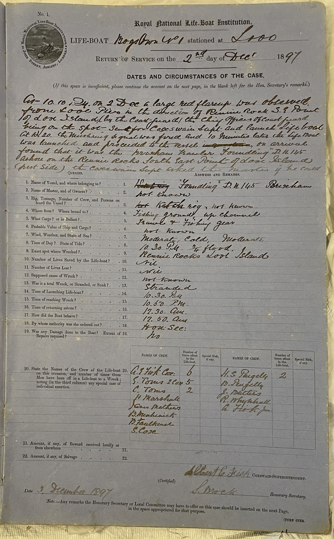 Page showing return of service for the mission