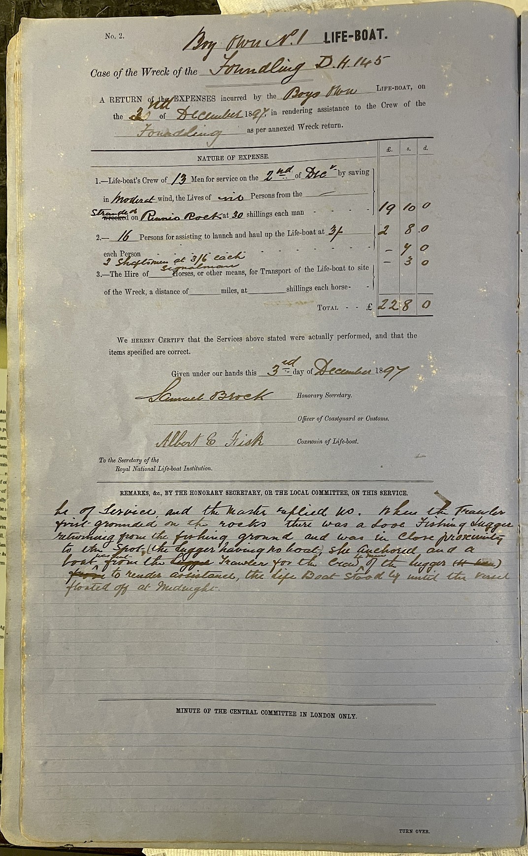 Page showing return of service for the mission