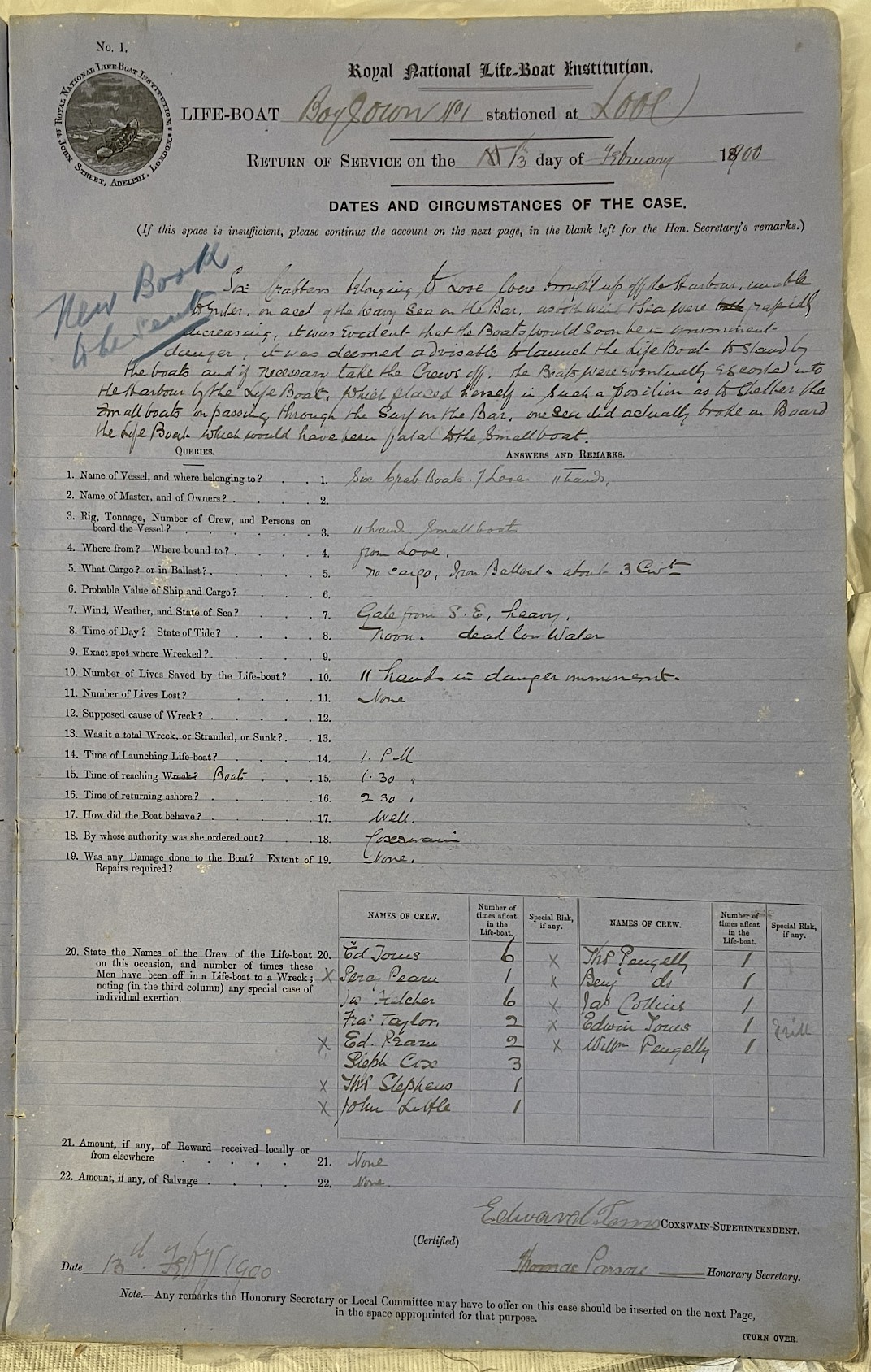 Page showing return of service for the mission