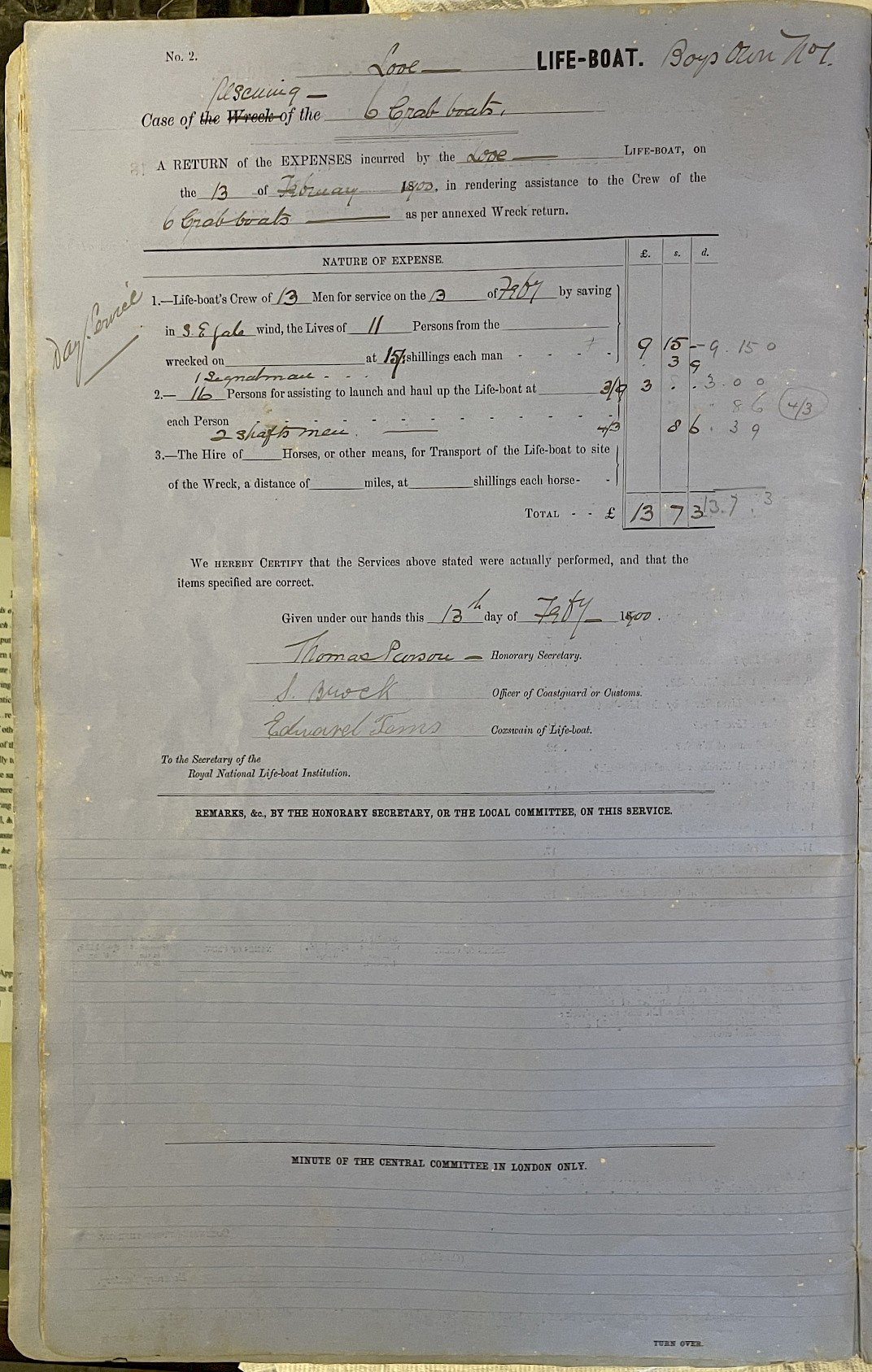 Page showing return of service for the mission
