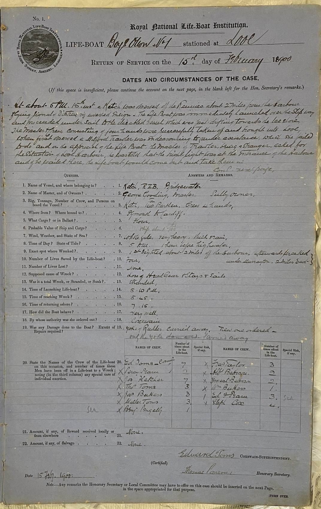 Page showing return of service for the mission
