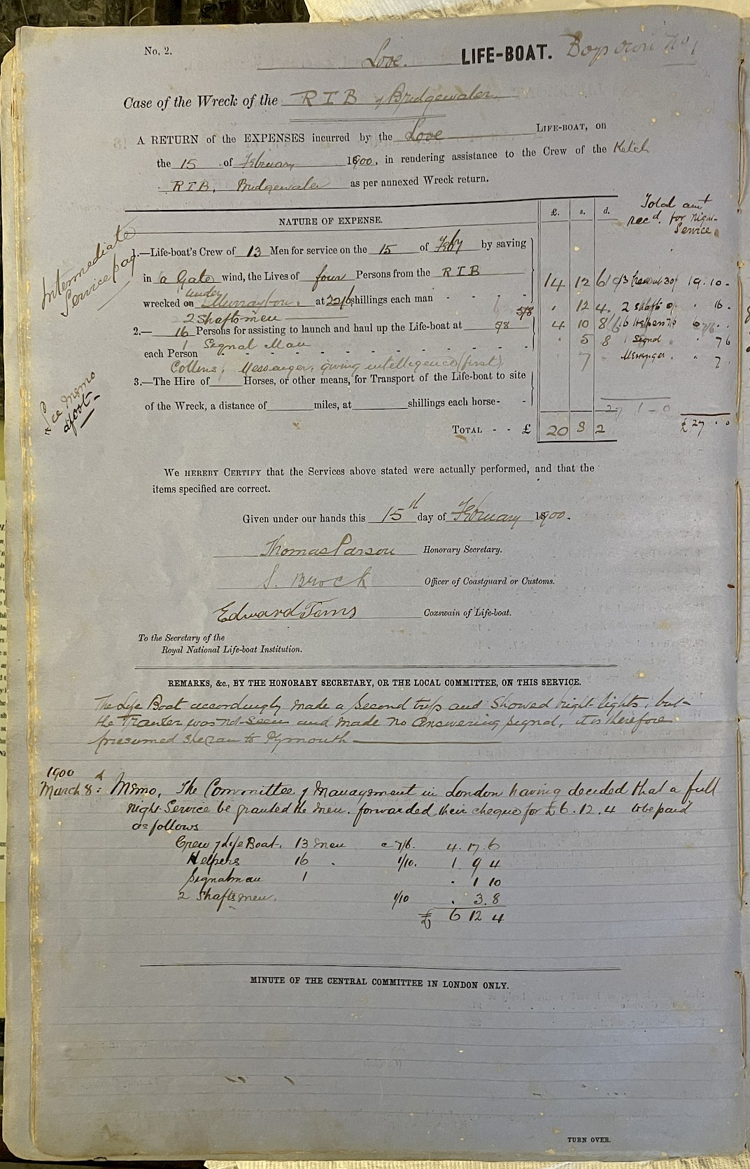 Page showing return of service for the mission