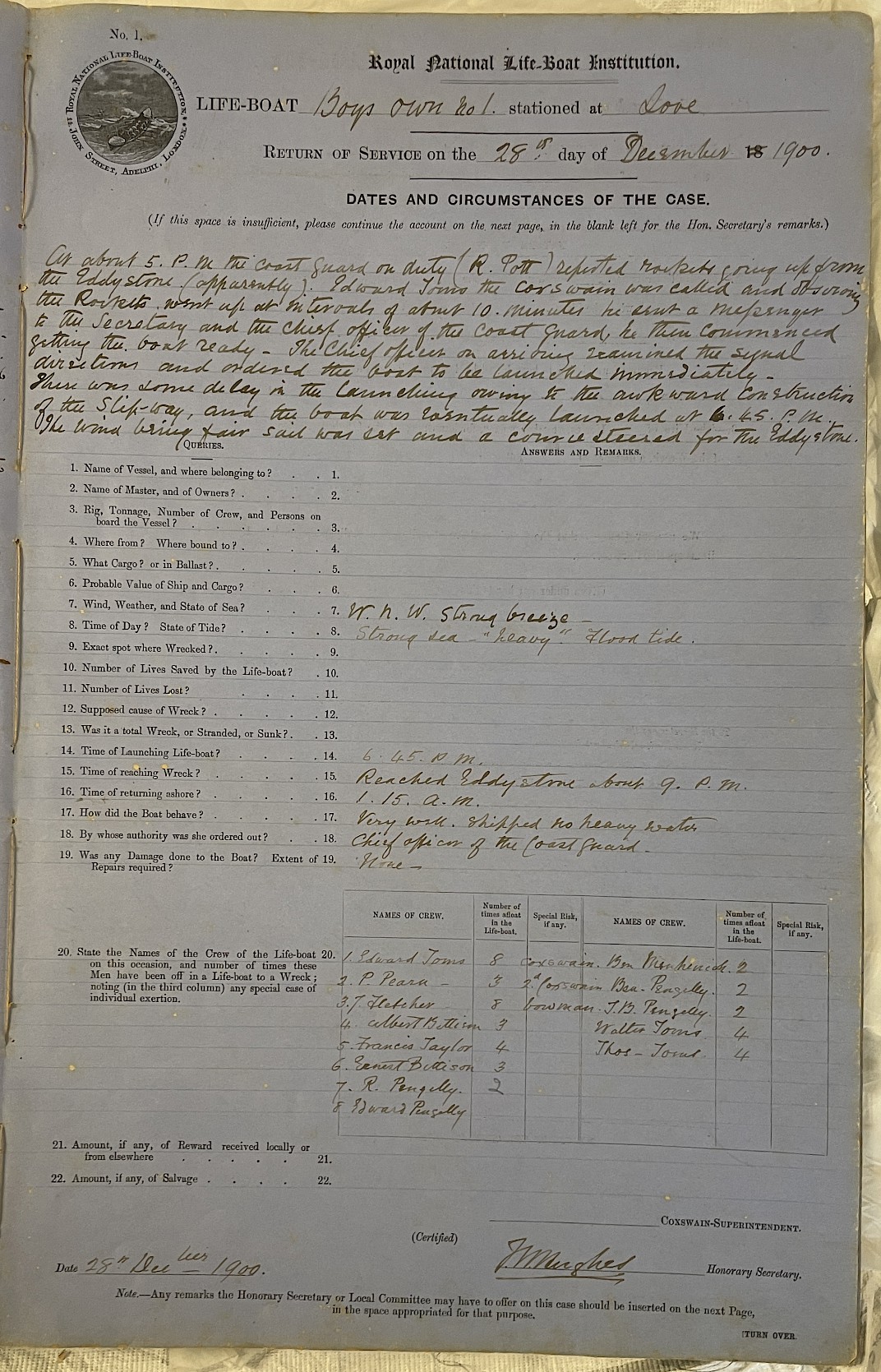 Page showing return of service for the mission