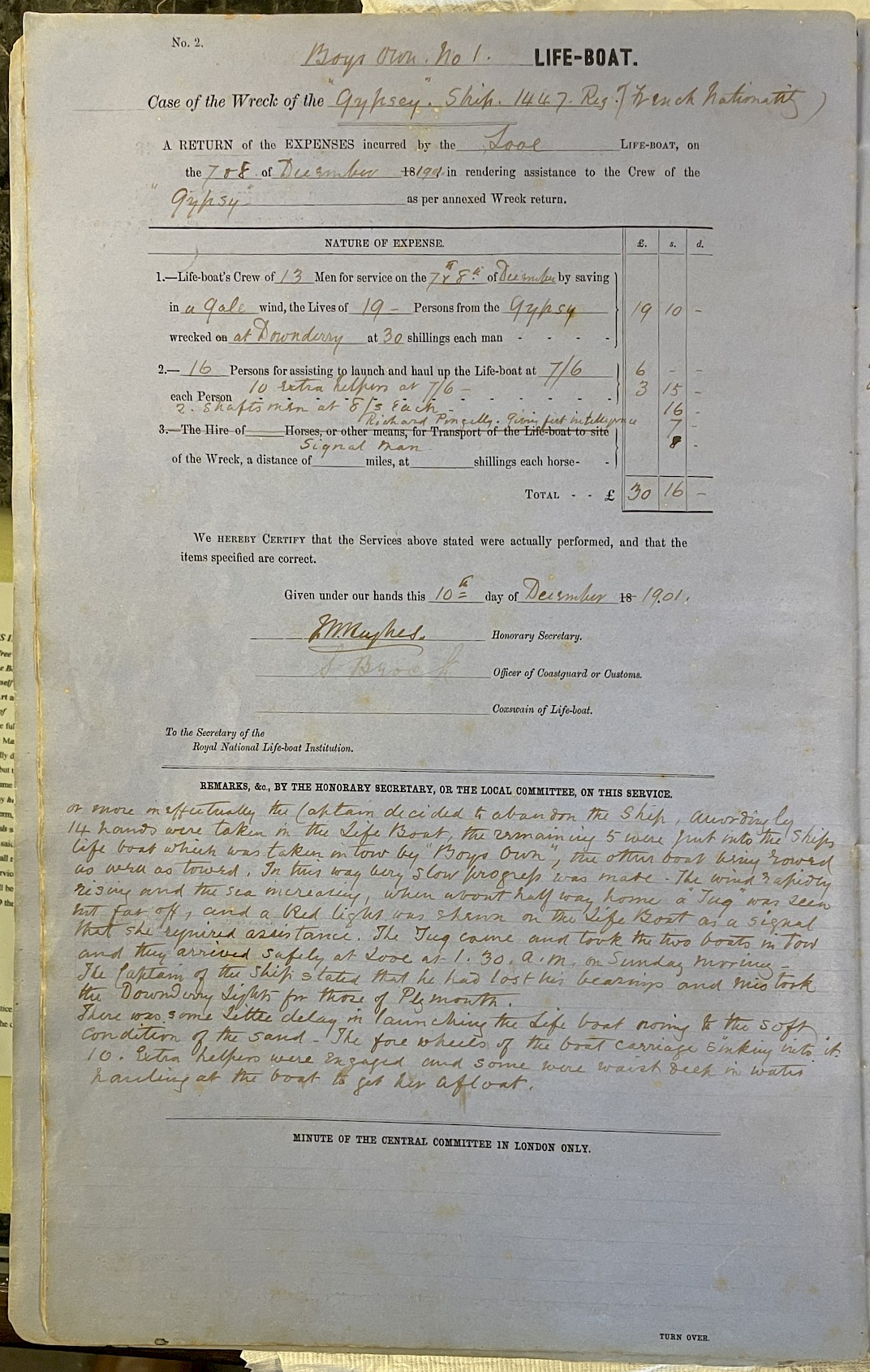 Page showing return of service for the mission