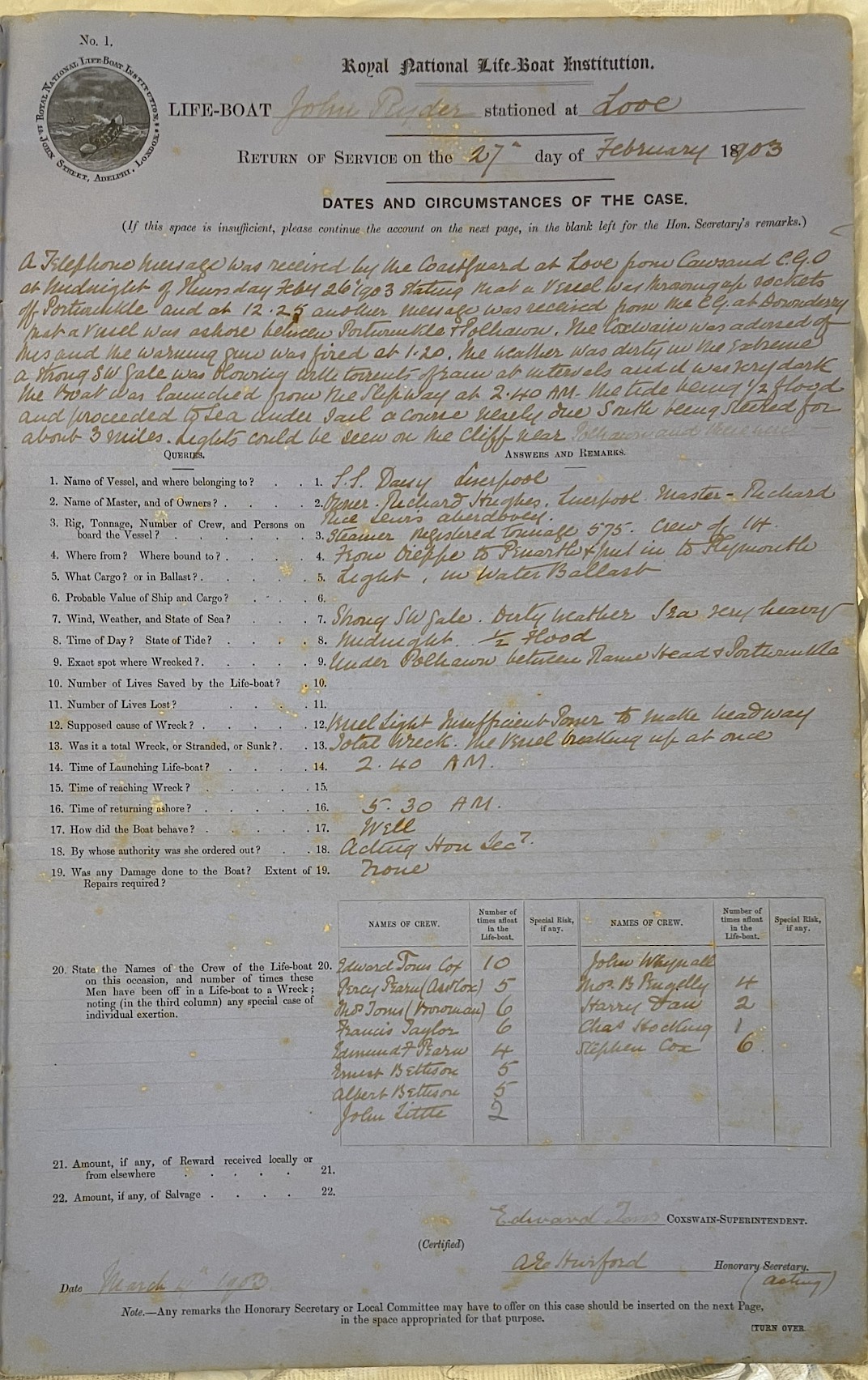 Page showing return of service for the mission