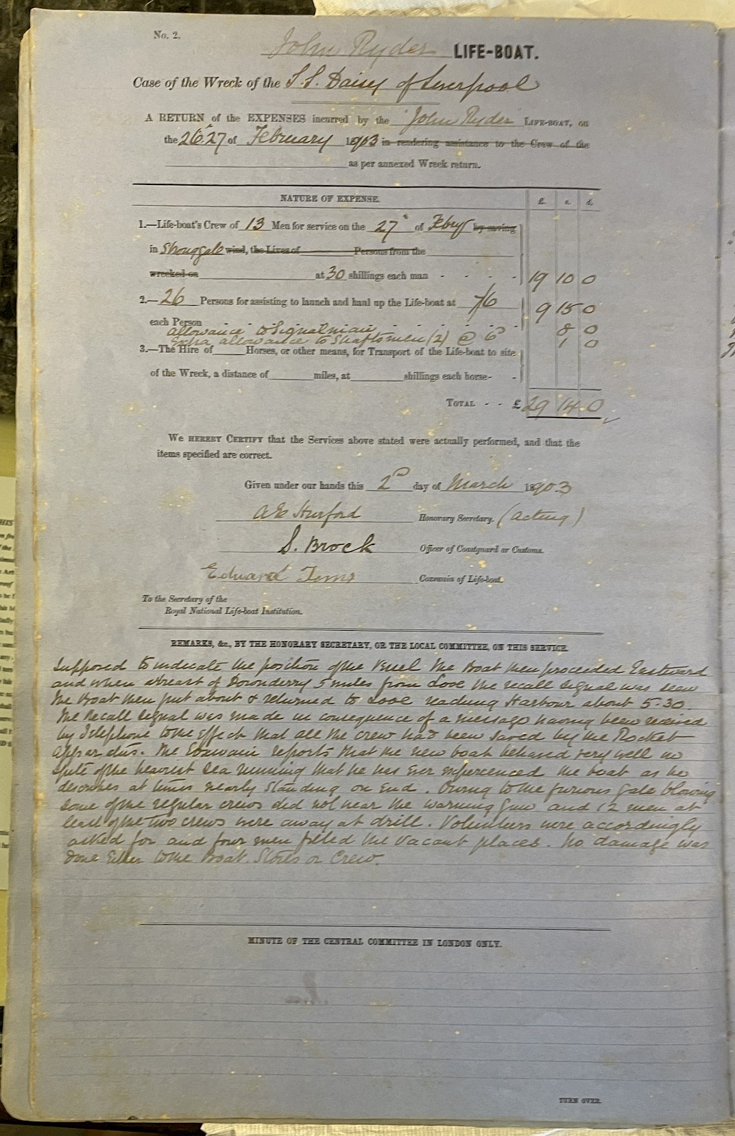 Page showing return of service for the mission