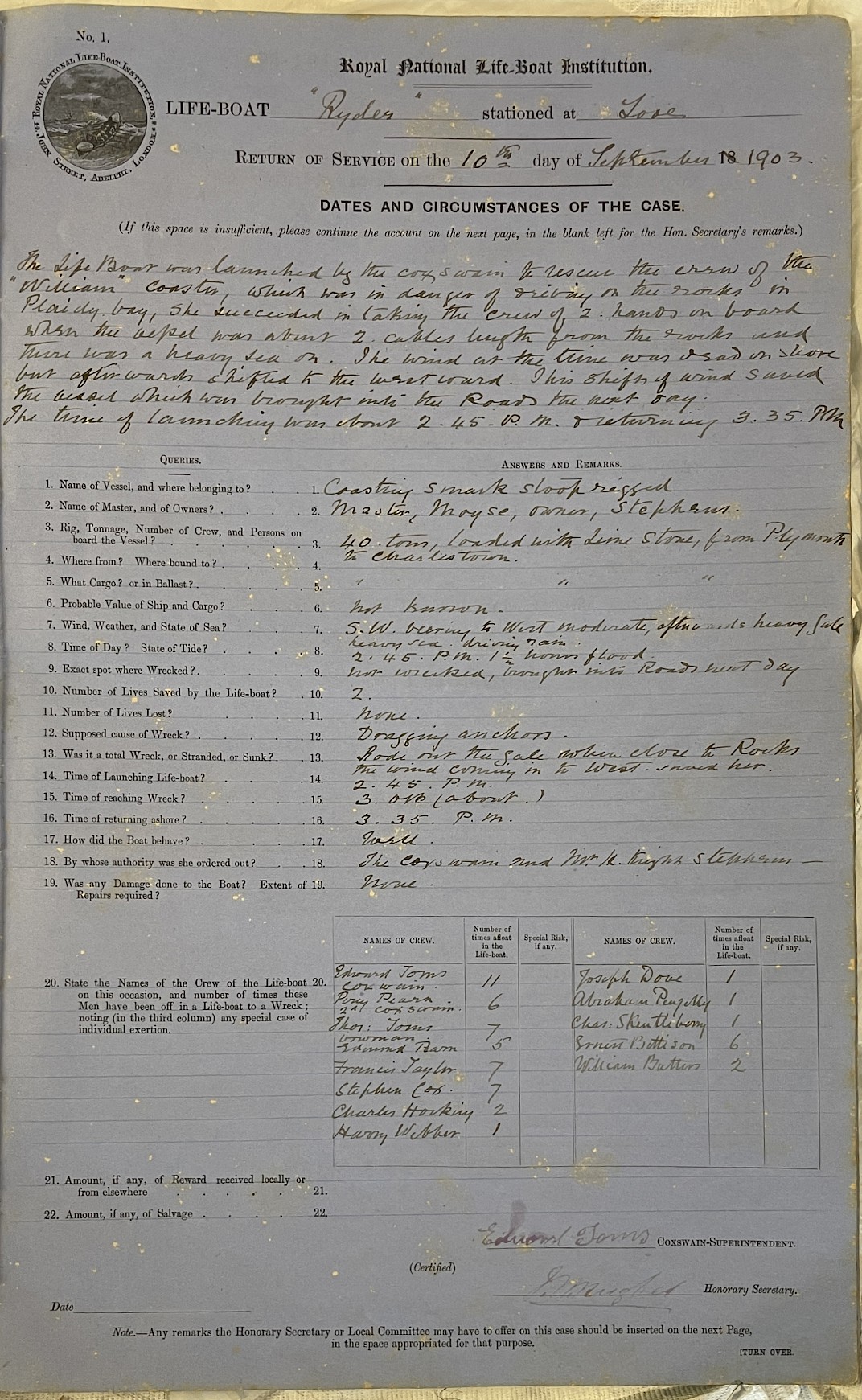 Page showing return of service for the mission