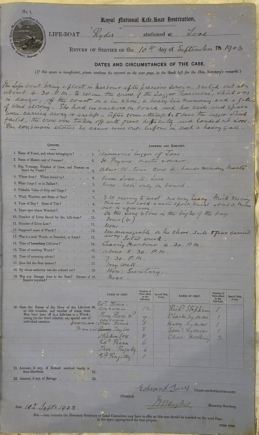 Page showing return of service for the mission