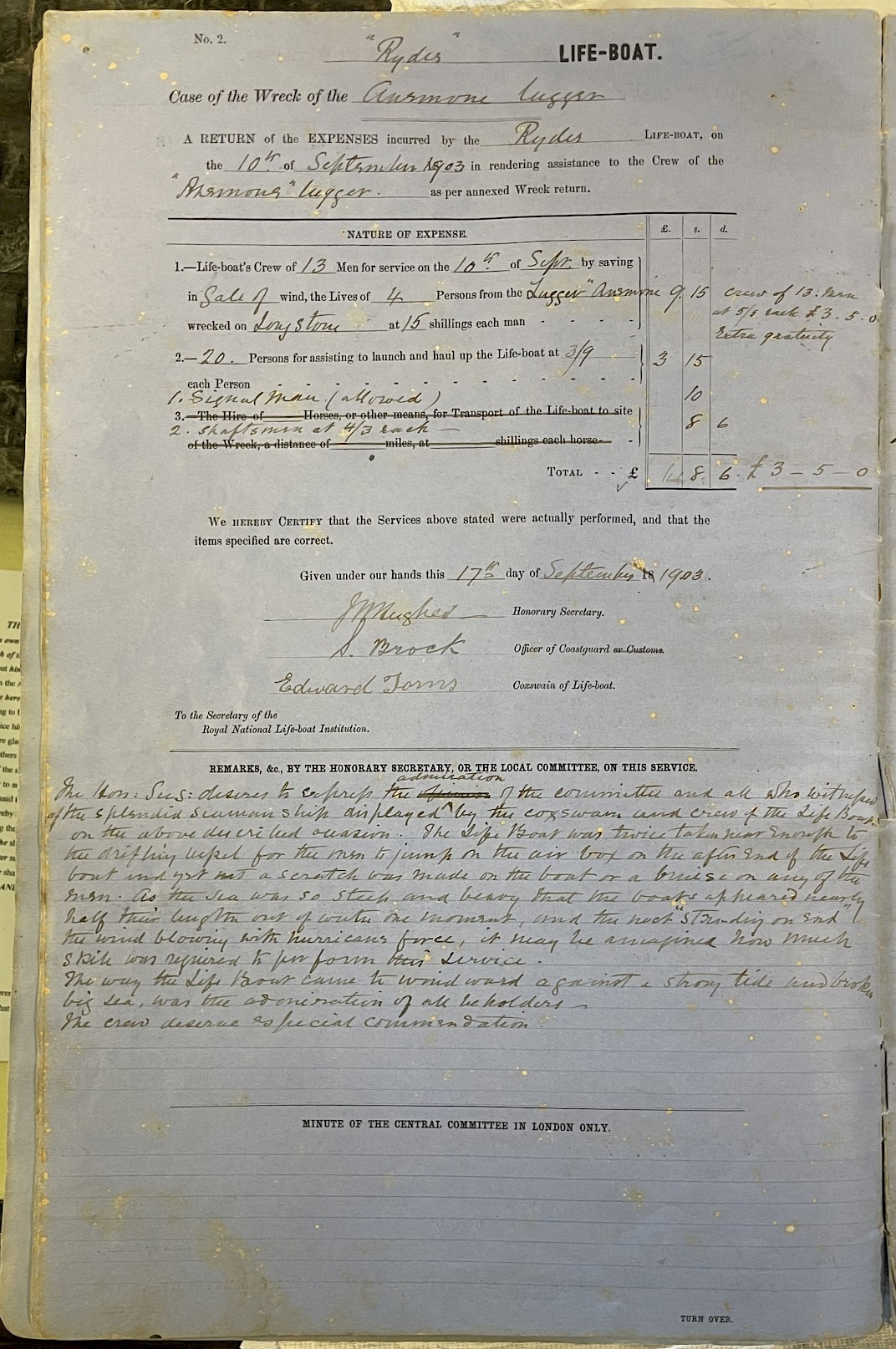 Page showing return of service for the mission