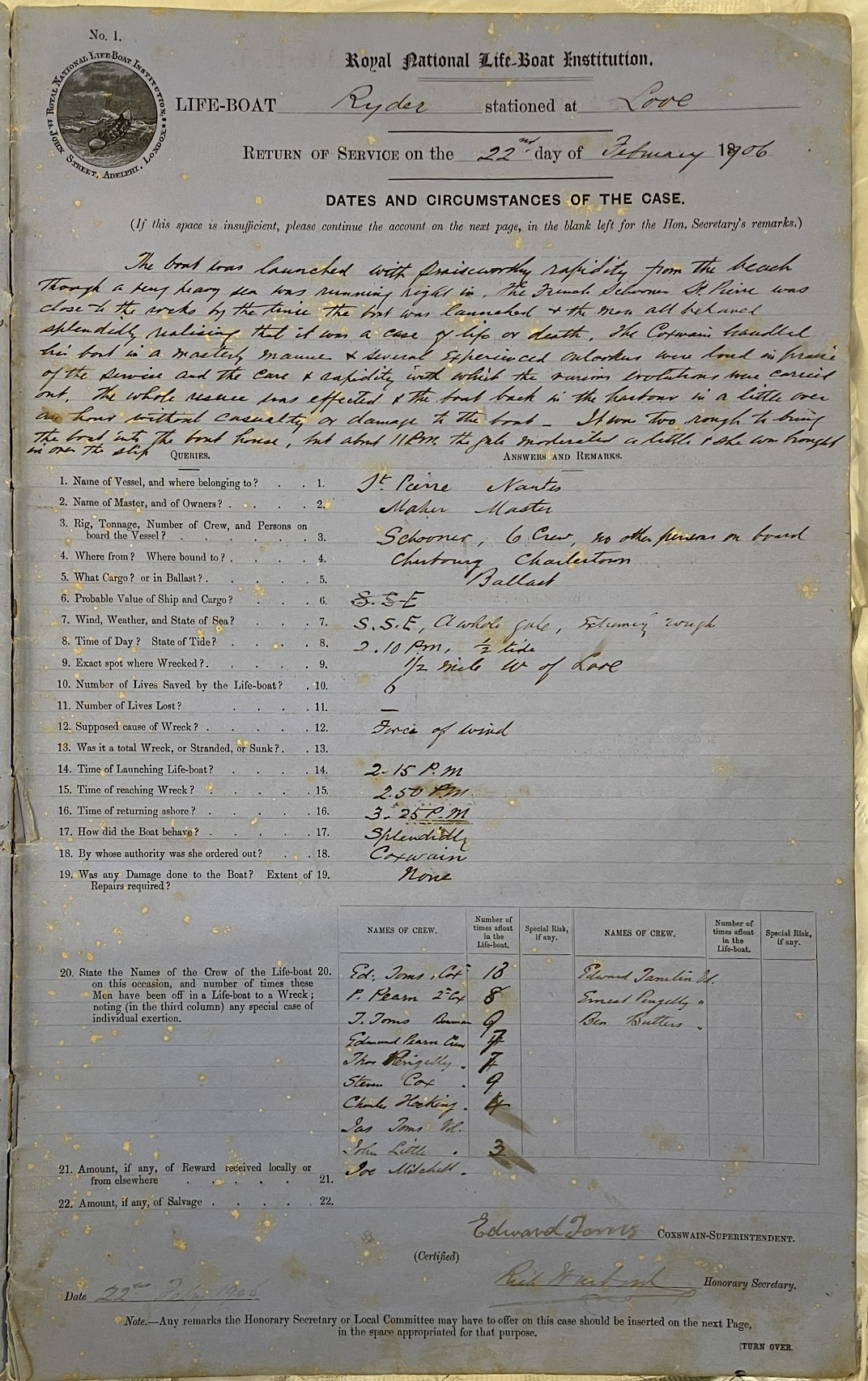 Page showing return of service for the mission