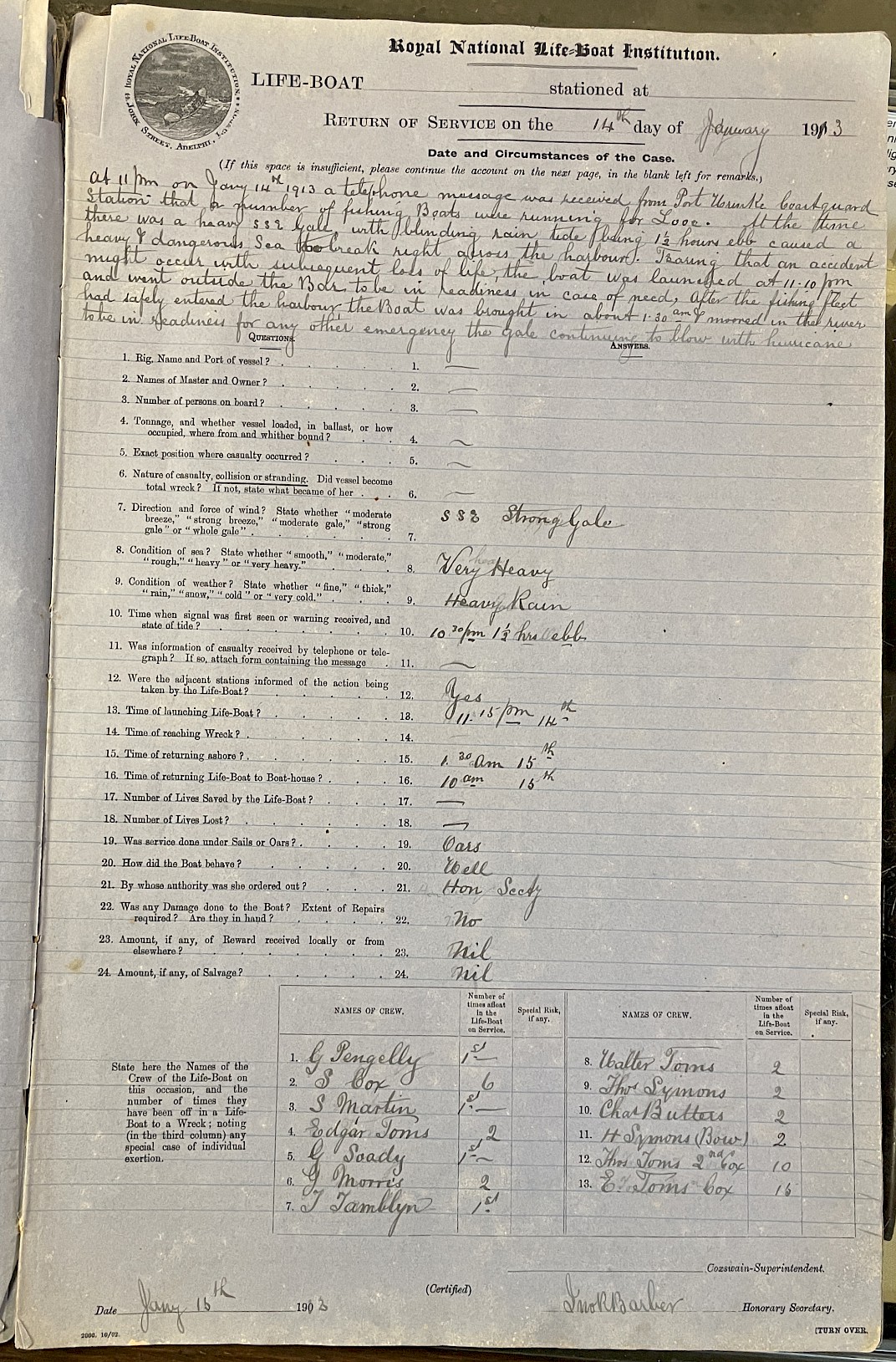 Page showing return of service for the mission
