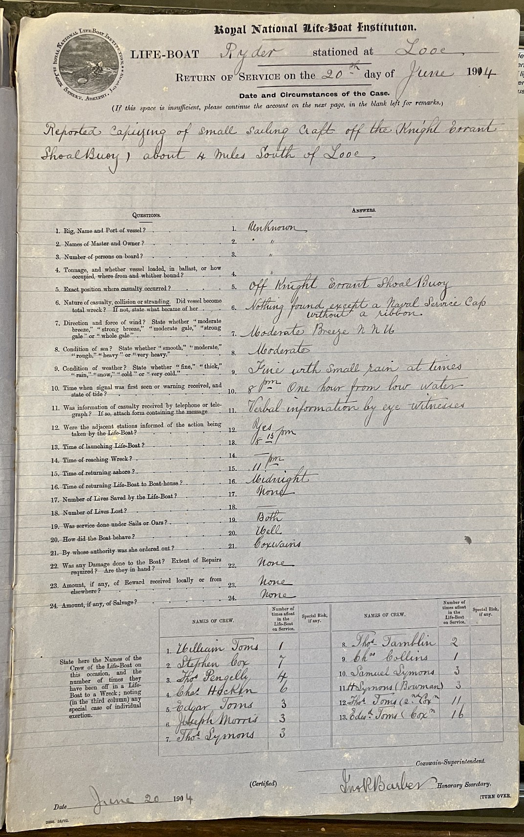 Page showing return of service for the mission