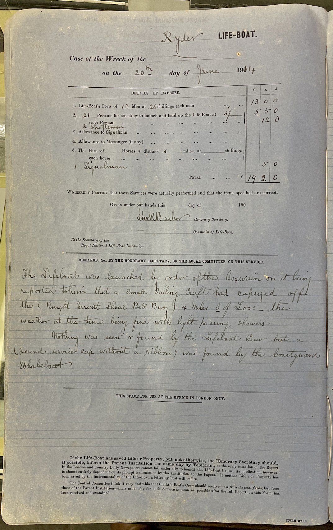 Page showing return of service for the mission