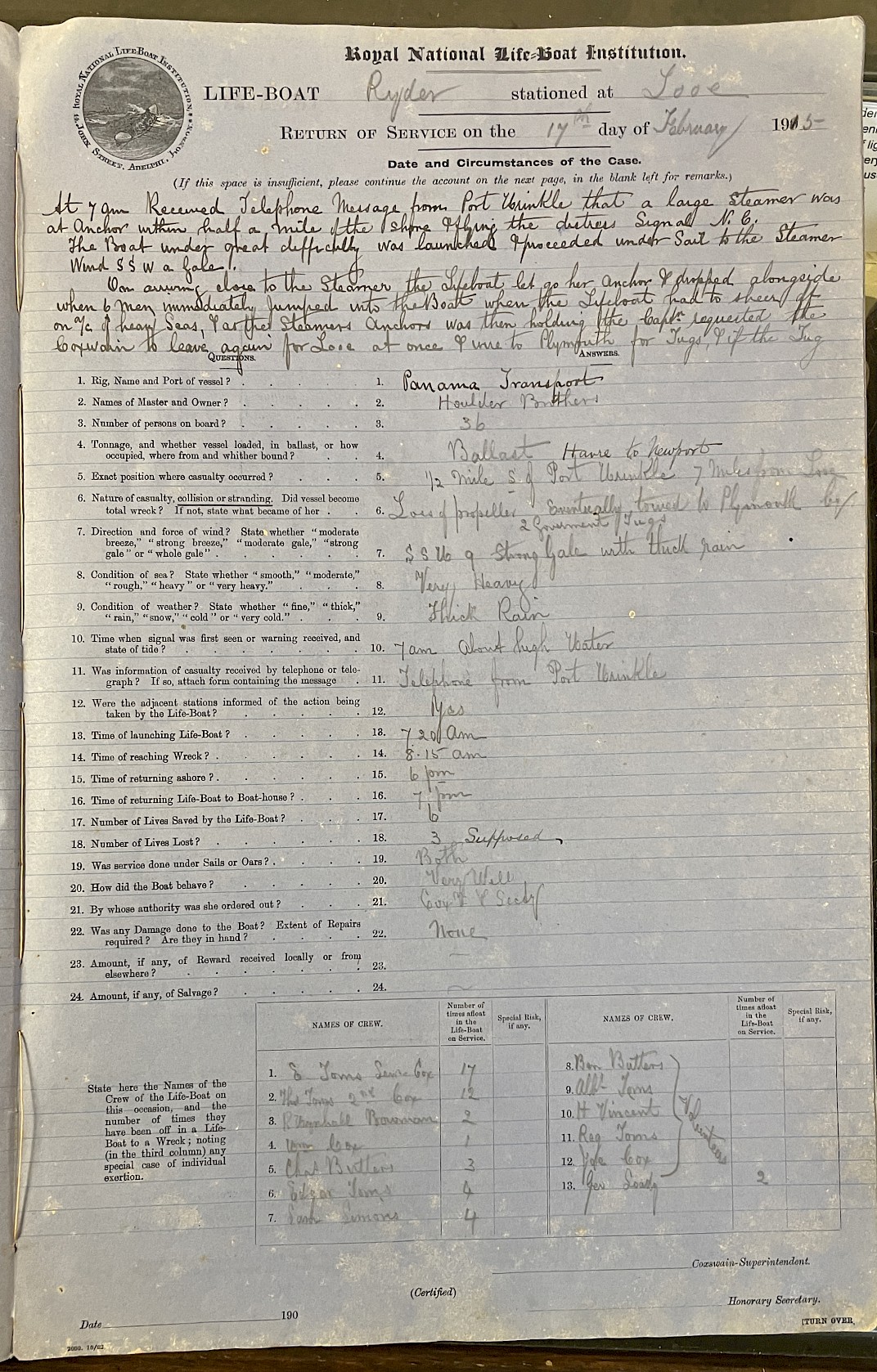 Page showing return of service for the mission