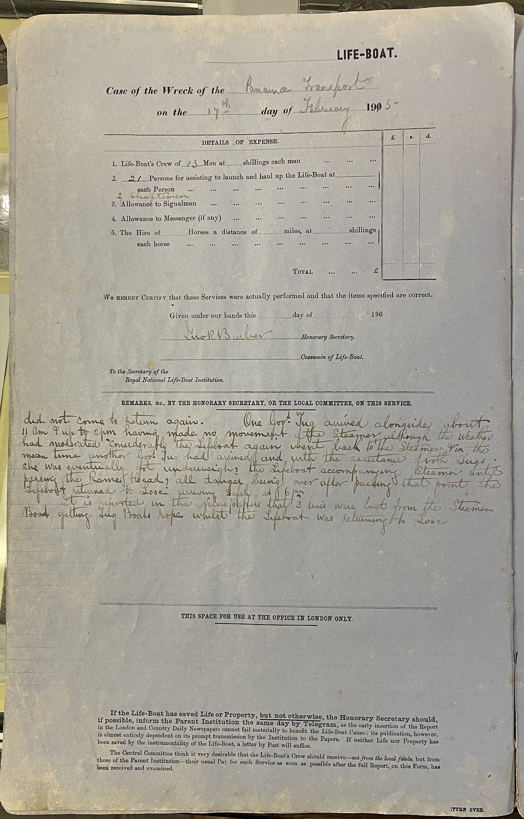 Page showing return of service for the mission