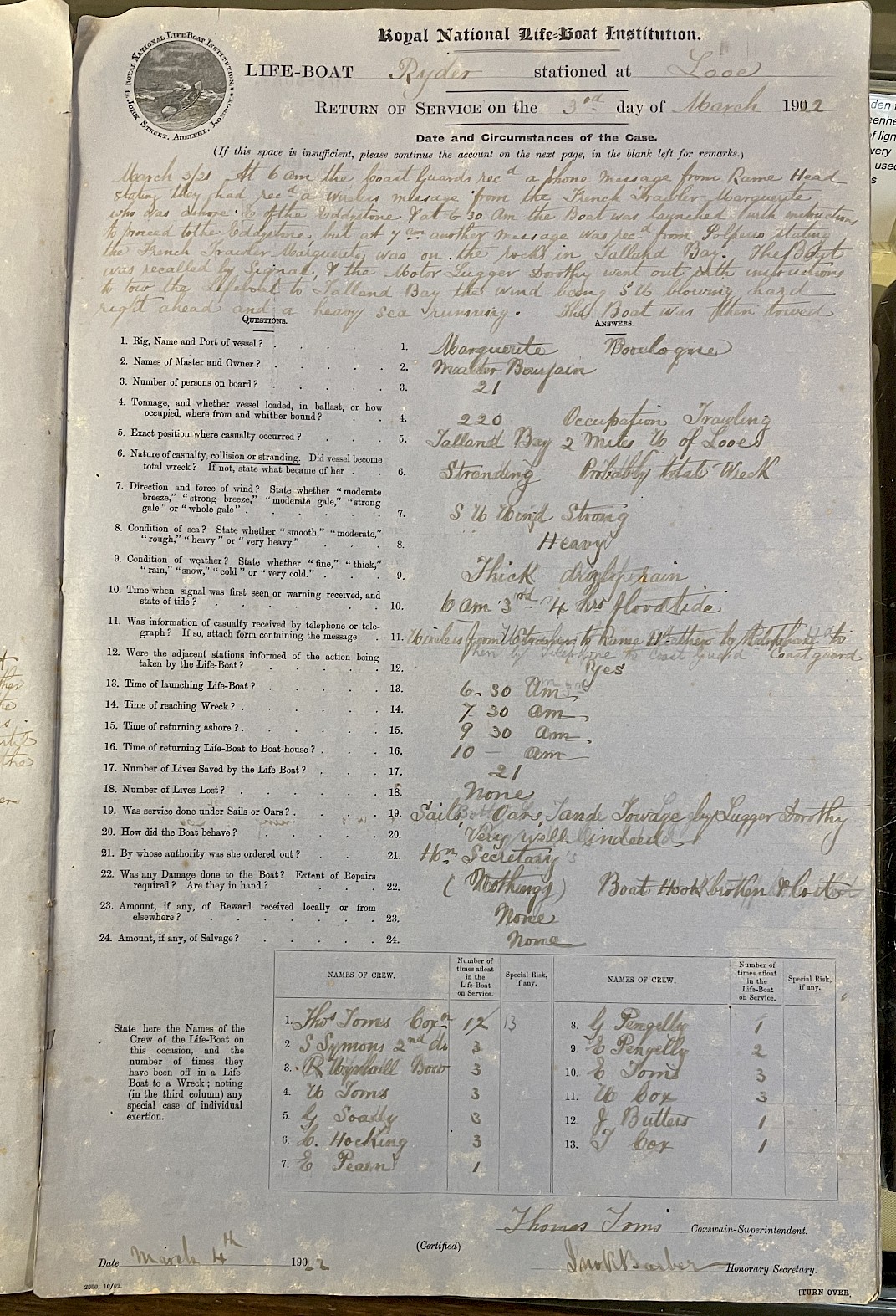 Page showing return of service for the mission