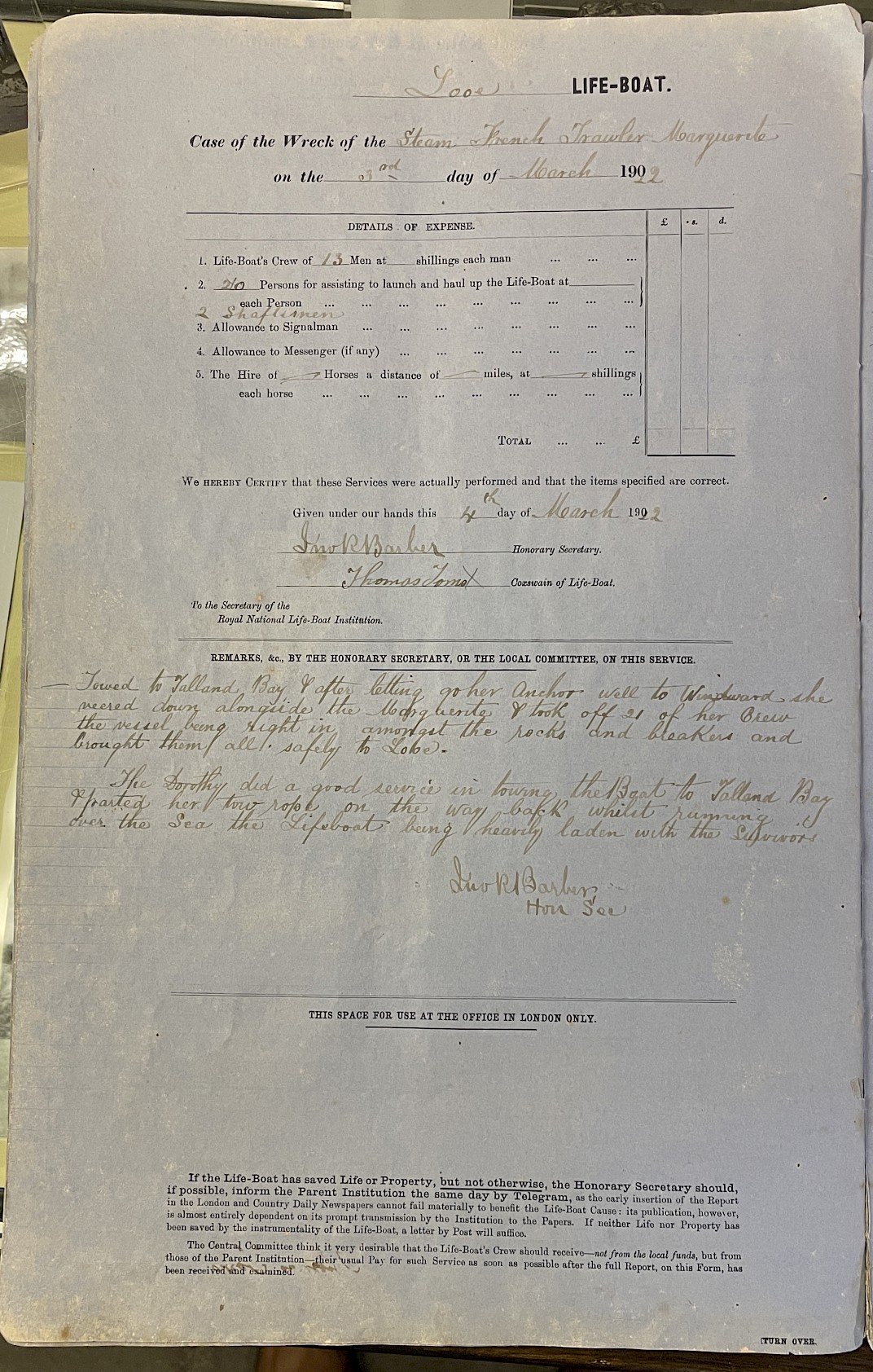 Page showing return of service for the mission