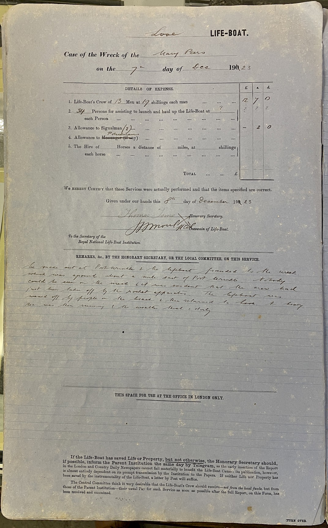 Page showing return of service for the mission