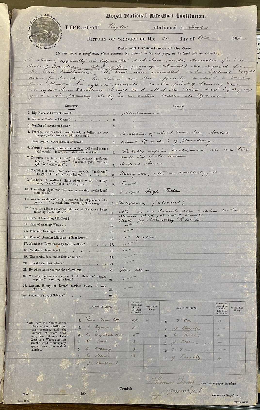 Page showing return of service for the mission