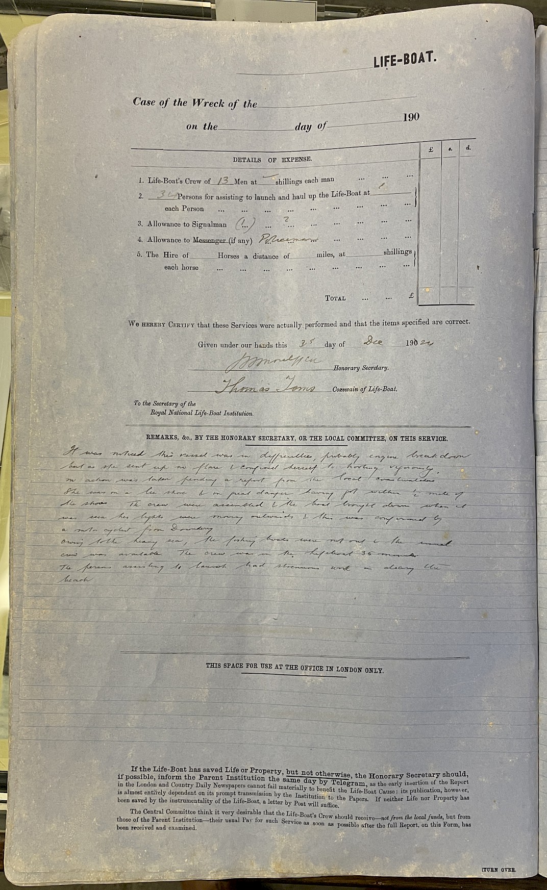 Page showing return of service for the mission