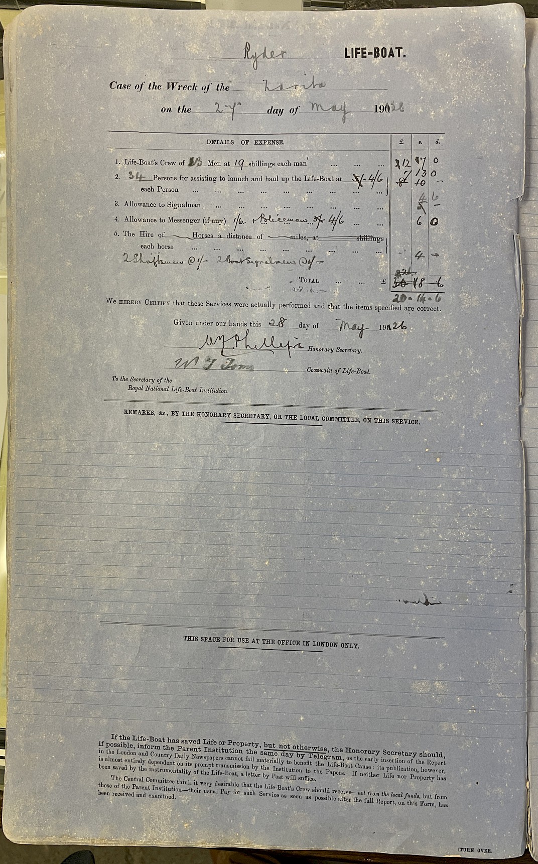 Page showing return of service for the mission