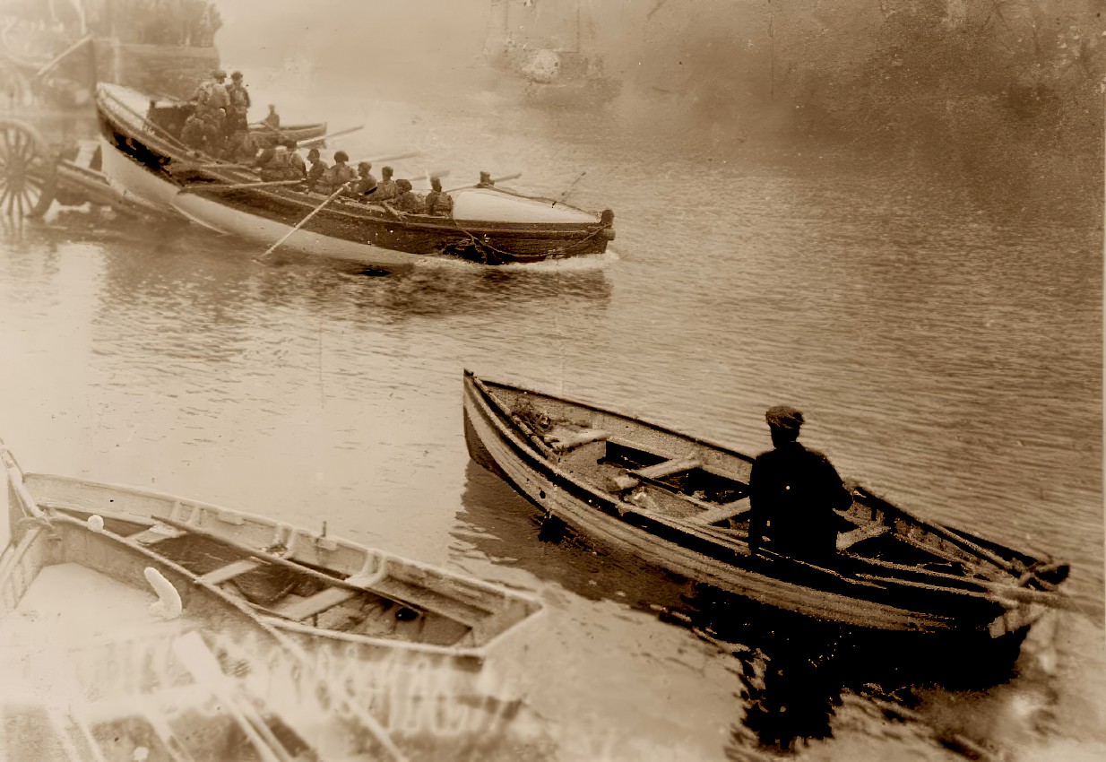 Ryder is launched with figure watching from boat in foreground